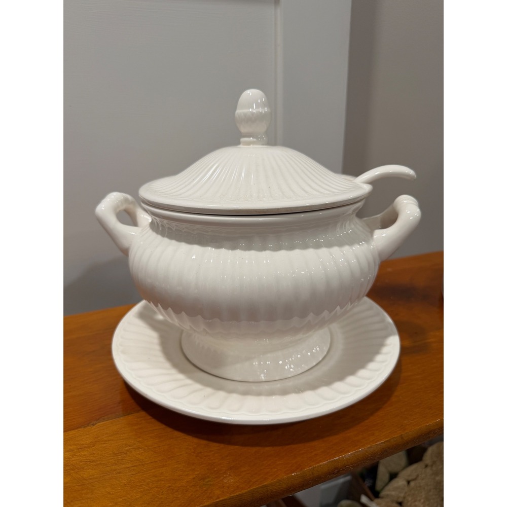 Vintage White Ceramic Soup Tureen Set with Lid Ladle and Underplate Japan